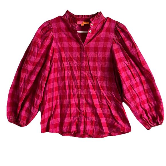 Vilagallo Top Womens 40 Red Pink Plaid Button Up Summer Preppy Beach Casual - Picture 2 of 9